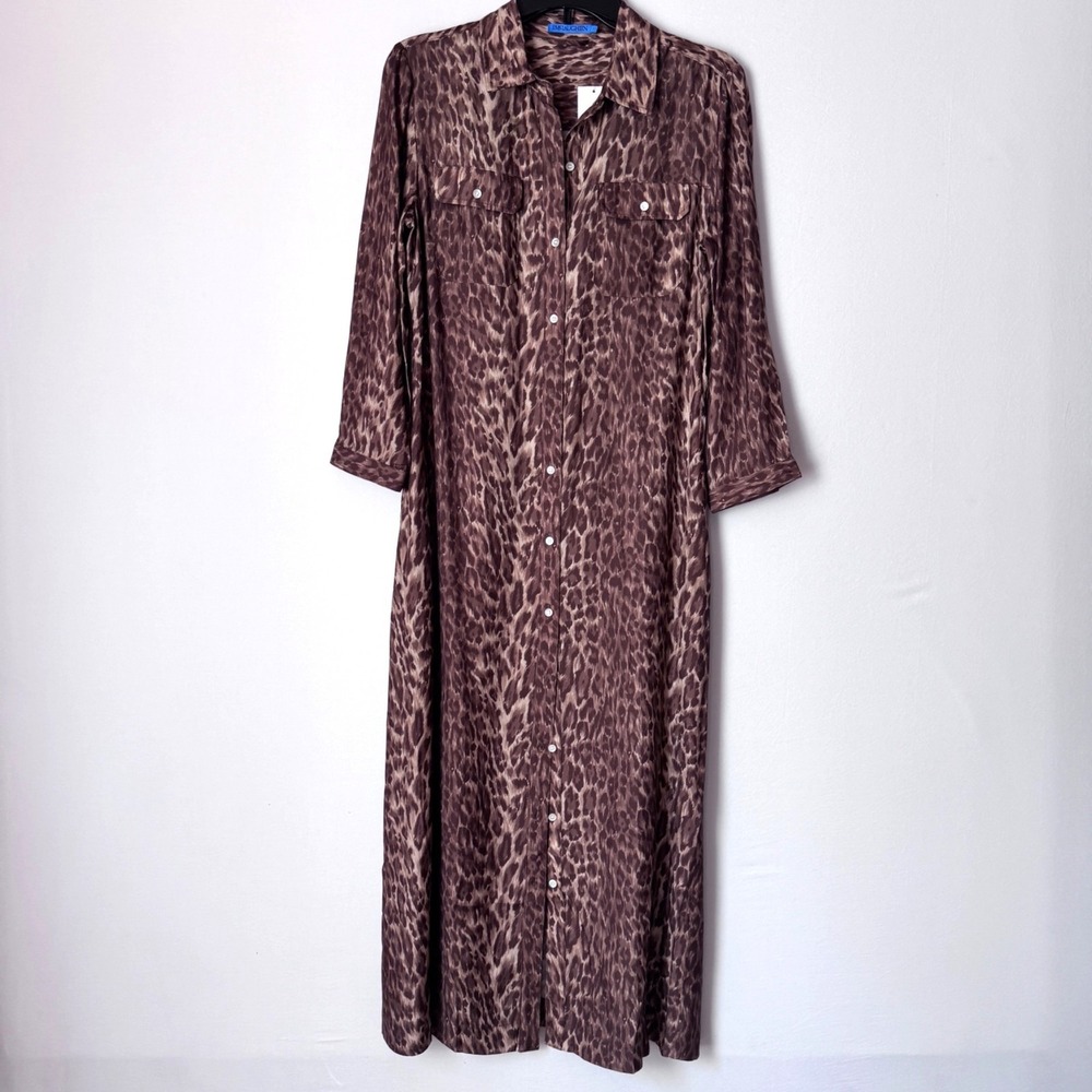 J.McLaughlin Maxi Shirt Dress Leopard Print Women S Brown Silk Blend
